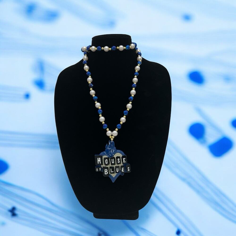 House of blues Mardi Gras beads with pendant Blue, Silver, And Gold Beads